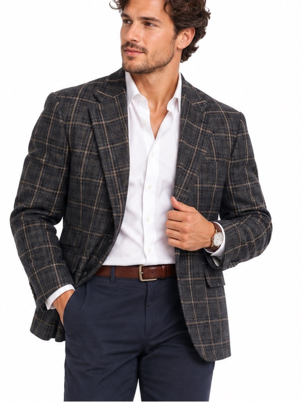 Eddie Bauer Wool Windowpane Sport Coat 38R Charcoal Tan Plaid Blazer Classic